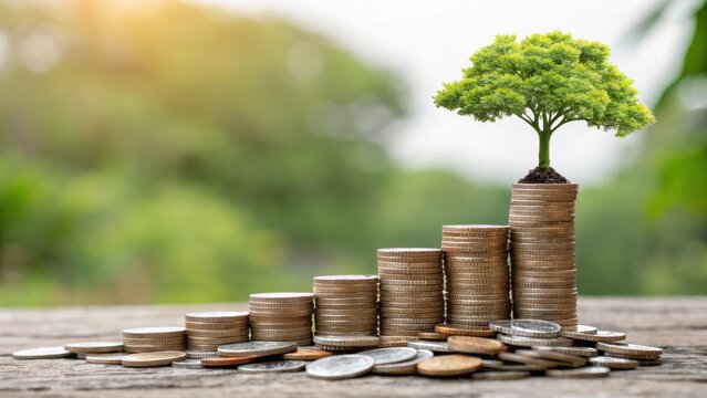 personal finance wealth optimization concept. Tree growing on coins represents financial growth and sustainability.