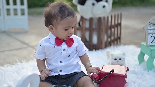 An adorable baby crawling on a soft white rug in an outdoor photoshoot setup, surrounded by decorative props such as a vintage telephone, wooden fence, stuffed toy, Eiffel Tower model, and date calend