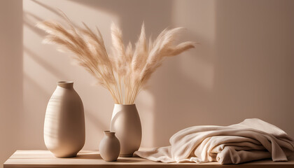 Decorative vases with dried flowers and soft fabric arranged on a wooden table in a warm indoor space Generative AI