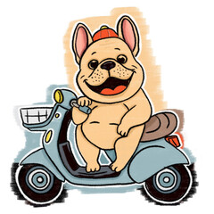 Cute cartoon bulldog riding a scooter. Hand-drawn doodle style illustration perfect for children’s designs, greeting cards, stickers, posters, or playful pet-themed projects.