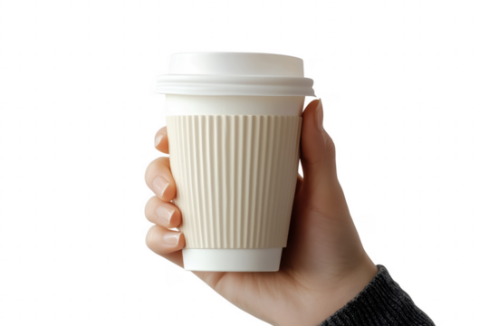 Hand holding coffee cup isolated on a transparent background