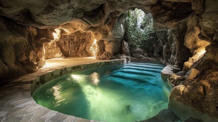 Luxurious cave pool, serene interior, tropical garden view, relaxation destination