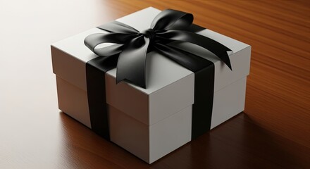 White gift box with black ribbon on wooden surface representing Black Friday  