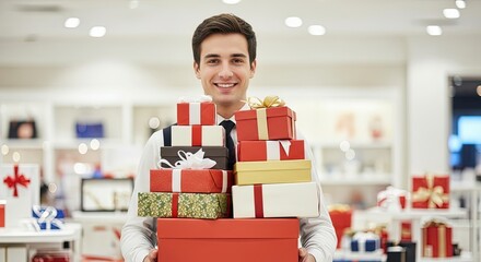Young man smiling while holding stacked gifts in a store - Concept of Black Friday  