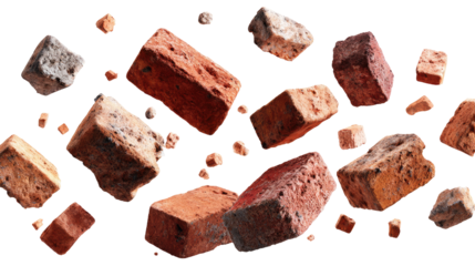 Floating Bricks and Small Pieces of Bricks isolated on transparent background Remove png, Clipping Path, pen tool