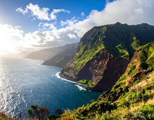 Fototapeta premium Coastal vista of rugged terrain meeting the blue sea under cloudy skies