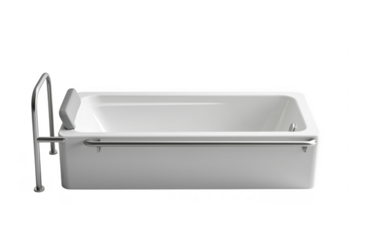 White bathtub with grab bars isolated on a transparent background