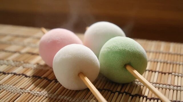 Pastel dango mochi on a wooden skewer (pink, white, green), close-up rotating shot with soft daylight, slight steam/humidity hint, natural wood background, traditional Japanese snack mood.
