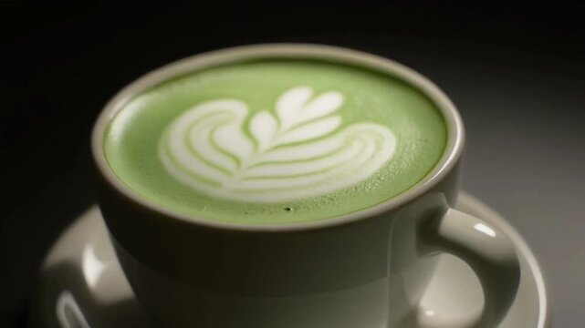A matcha latte in porcelain cup.