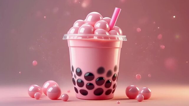 a stylized 3D pink boba drink with oversize glossy pearls that wobble playfully, pastel backdrop, gentle glow and soft particle sparkles, tranquil looping motion, kawaii commercial feel.