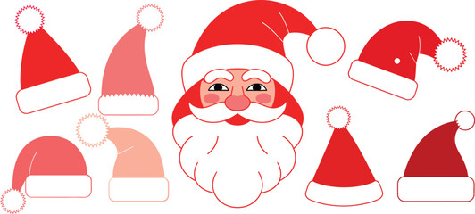 Festive Santa Claus Vector with Hats Collection Happy Holiday Character Icons Celebration Season Decorative Elements Cartoon Illustration
