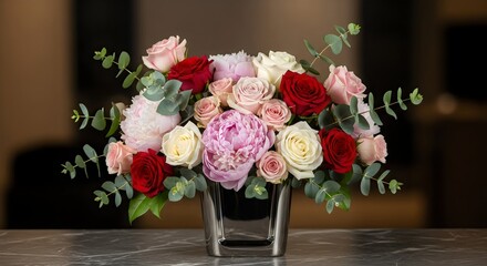 Romantic rose and peony bouquet in glass vase, soft pastel floral arrangement, wedding decor concept