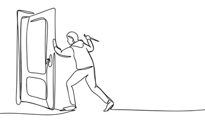 Burglar Forcing a Door Open - Continuous Line Art