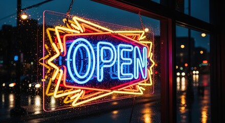 Neon "OPEN" sign glowing brightly in the window at night  