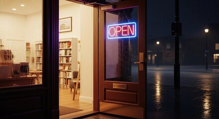 Open bookstore entrance with illuminated sign on rainy night  