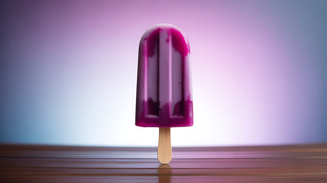 A purple popsicle with melting ice cream on a wooden surface against a gradient background