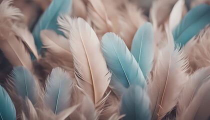 Soft blue and beige feathers arranged closely together create a gentle and calming texture in a decorative display Generative AI