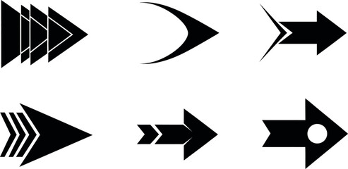 Collection of six distinct black arrow graphics showing directional movement and progress