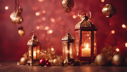 Warm glow of lanterns with festive decorations lights up a cozy setting for the holiday season Generative AI