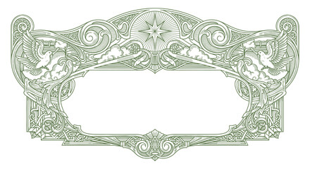 Elegant vintage ornaments illustration with ornate floral baroque frame, mix with art nouveau, art deco style  detailed line art in classic engraving style design.