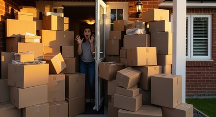 Woman surprised standing in doorway surrounded by stacked boxes  