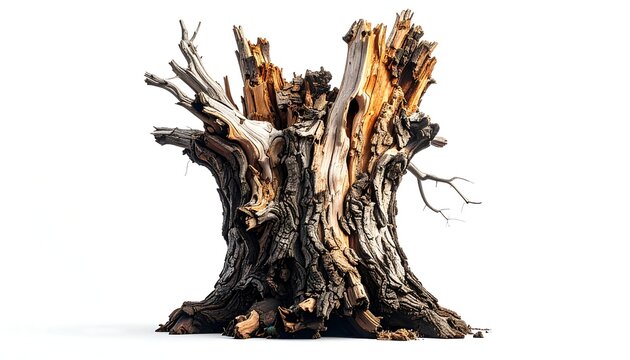 Close-up of a weathered, decaying tree trunk against a white background