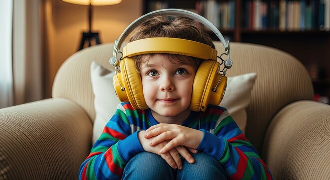 Young boy smiling while sitting on couch with headphones at home  