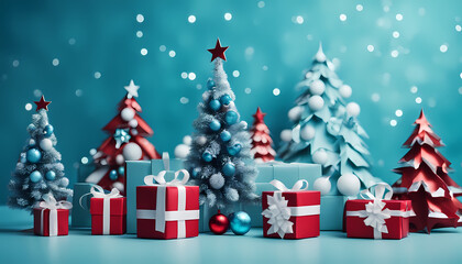 Festive decoration of miniature Christmas trees with colorful gifts on a bright blue background for holiday celebration Generative AI