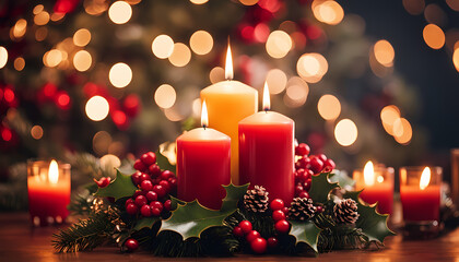 Holiday centerpiece with festive candles and decorations at a cozy gathering during the Christmas season Generative AI