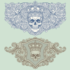 Ornate vintage engraving of skull illustration, surrounded by swirling victorian baroque floral flourishes.tattoo design