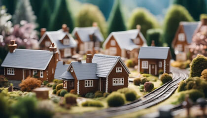 Charming model village with detailed houses and miniature railway set in a lush green landscape Generative AI