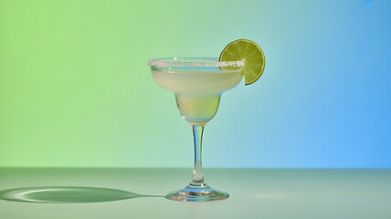 A margarita cocktail in a stemmed glass with a lime wedge garnish against a gradient green and blue background