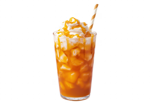Orange drink with whipped cream and caramel drizzle isolated on a transparent background