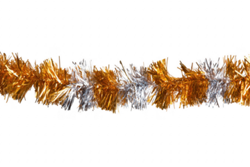 Shiny gold and silver tinsel garland isolated on a transparent background