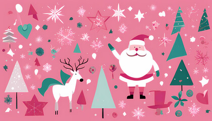 Santa Claus waves cheerfully among festive decorations on a bright pink background, capturing the spirit of holiday celebrations Generative AI