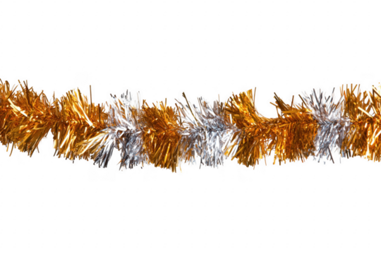 Shiny gold and silver tinsel garland isolated on a transparent background