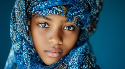 Fototapeta premium portrait of a beautiful young african girl with a colorful scarf around her head