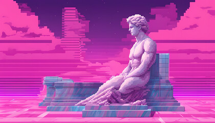 Digital art sculpture of a muscular figure sitting in a vibrant pink landscape with geometric shapes and clouds at dusk Generative AI
