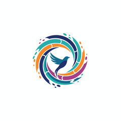A stylized image of a bird flying inside a colorful spiral, with varied hues in a modern design