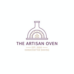 A simple oven logo design with an arched top, a flame, and text below on a white background