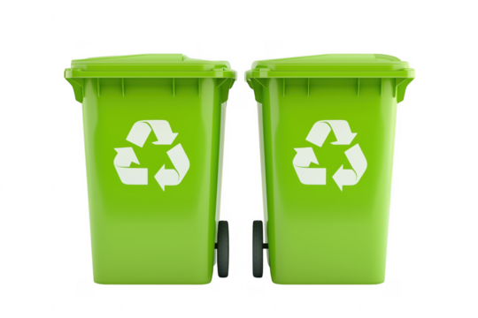 Green recycling bins with white arrows isolated on a transparent background - Powered by Adobe