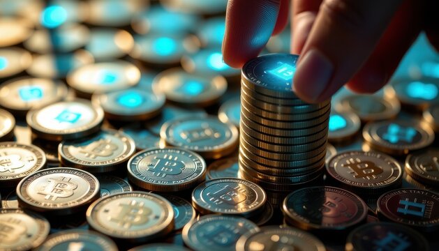 Hands stacking coins financial report concept. Digital Currency and Financial Technology Concept Scene