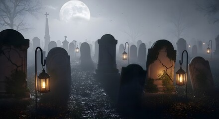 A foggy graveyard lit by lanterns under the moon, evoking a haunting Halloween atmosphere