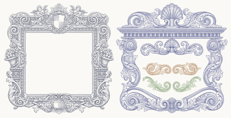 Vintage Baroque Victorian frame border flower pattern vector floral engraved scroll ornament leaf retro decorative design. filigree calligraphic heraldic shield swirl