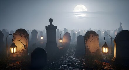 A haunting cemetery scene illuminated by moonlight and glowing lanterns