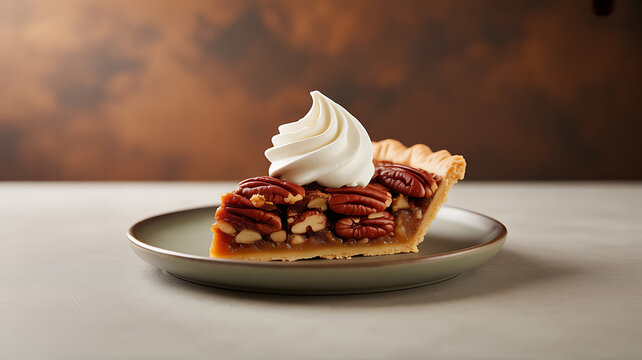 A slice of pecan pie topped with whipped cream on a plate