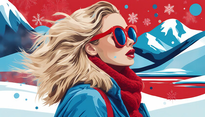 Woman with sunglasses and red scarf enjoying winter landscape with snow-covered mountains and a lake in background Generative AI