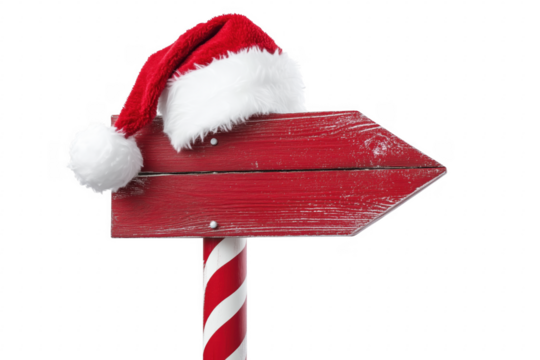 Red Directional Sign With Santa Hat isolated on a transparent background