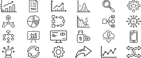Set of line icons representing data analysis, charts, graphs, and technology