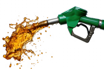 Green nozzle spraying amber liquid isolated on a transparent background